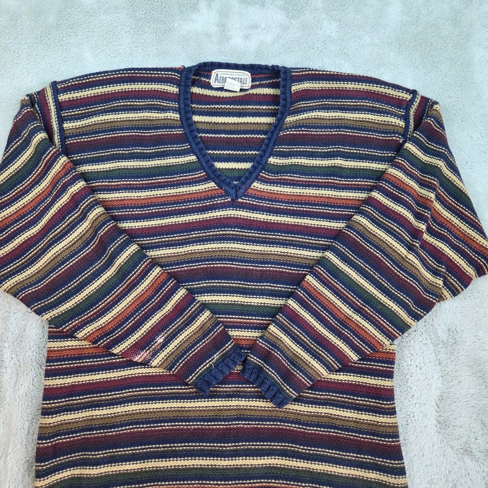 Vintage Aeropostale Cotton V-Neck Sweater Mens XL Striped Multi-Color Pullover